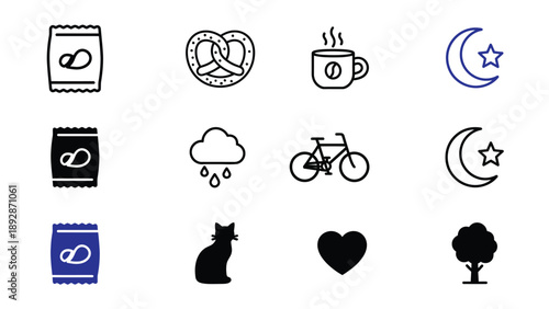 A collection of various black and white icons on a clean background