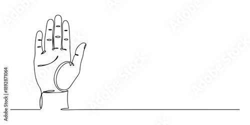 Continuous one line of a raised hand taking an oath, law and justice art, drawn vector illustration.
