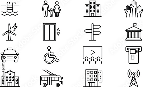 Public services and urban infrastructure line icons set featuring family, buildings, transportation, healthcare, accessibility, energy, communication, education, government facilities, and community 