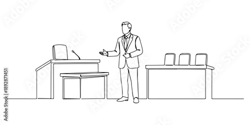 Continuous one line of a lawyer speaking in court, law and justice art, drawn vector illustration.