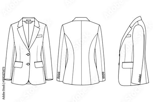Women’s Blazer Jacket Flat Sketch Set Technical CAD Drawing Vector Template