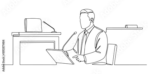 Continuous one line of a lawyer speaking in court, law and justice art, drawn vector illustration.