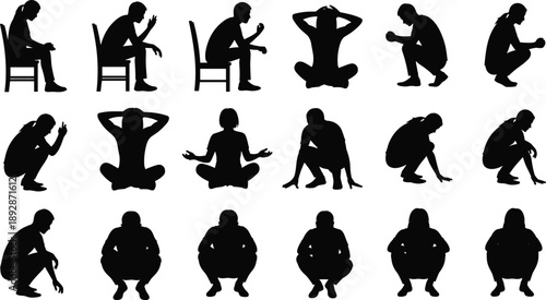 Human posture silhouette set, seated, crouching, squatting positions, black icon grid, ergonomic pose reference, body language illustration, artistic figure design