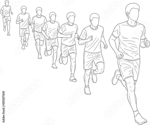Simple black and white line art illustration depicting a group of male athletes engaged in a long distance run or marathon event showing focused forward motion.