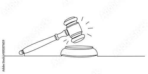 Continuous one line of a judge's gavel striking a sound block, law and justice art, drawn vector illustration.