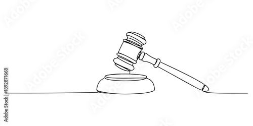 Continuous one line of a judge's gavel striking a sound block, law and justice art, drawn vector illustration.