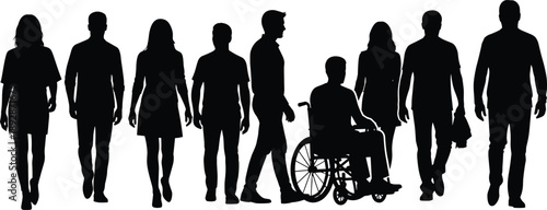 Inclusive silhouette lineup, diverse human figures with wheelchair icon, black design, accessibility and representation theme, cultural diversity illustration, equality symbol set