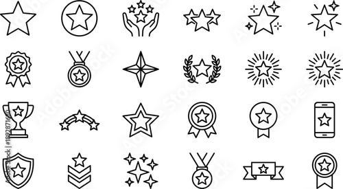 Star rating and award line icons set featuring achievement symbols, quality badges, success medals, favorite marks, rewards, reviews, and excellence recognition elements for web and app design