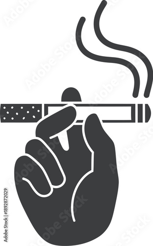 Stylized silhouette icon depicting a hand delicately holding a lit cigarette with wisps of smoke gracefully curling upwards against a clean white background
