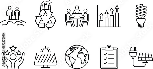 Sustainable business and environmental responsibility line icons set featuring recycling, renewable energy, growth analytics, teamwork, global impact, and eco friendly corporate strategy symbols