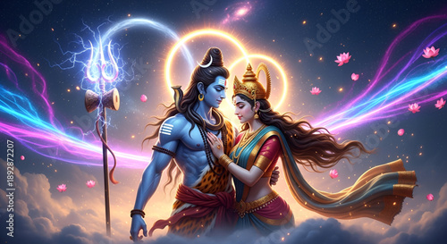 Shiva parvati divine union in cosmic sky expressing sacred love devotion hindu spirituality mythology culture festival emotion and timeless spiritual harmony