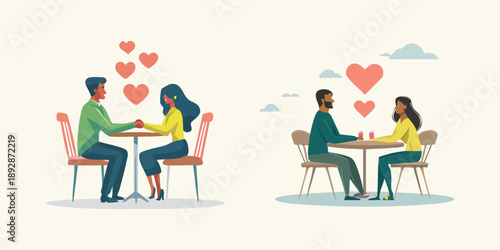 A vector illustration of a fashion woman and her friend sitting at a cafe table with tea and coffee