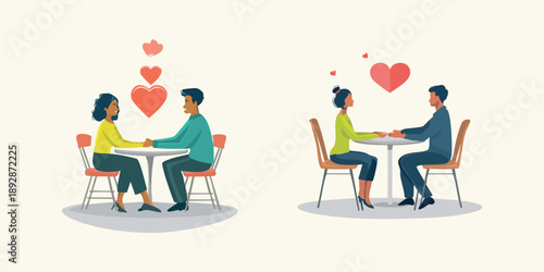 A vector illustration of a couple sits at an a table cafe