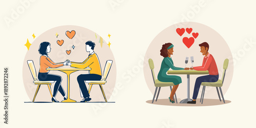 Vector illustration of a cartoon couple sitting at a cafe table enjoying a fun lifestyle moment together