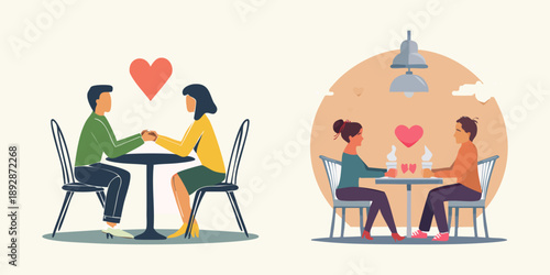 Vector illustration of a couple sitting at a cafe table working on romantic art