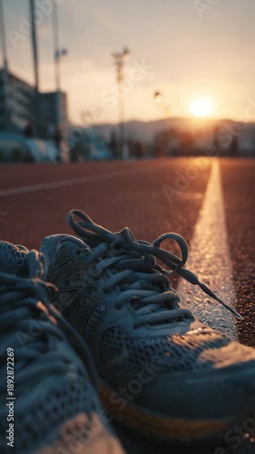 Running shoe on track at sunset