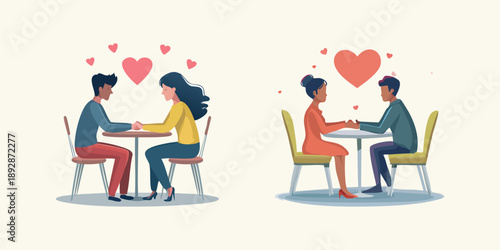 A young couple sits at a cafe table with coffee in this flat vector illustration featuring a boy and girl sharing a moment of love