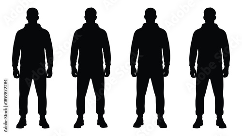 Four identical silhouettes of men standing in a row against a white background