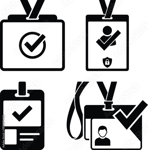 ID Card Badge Verification Icons Set – Employee Access Pass Silhouette Vector