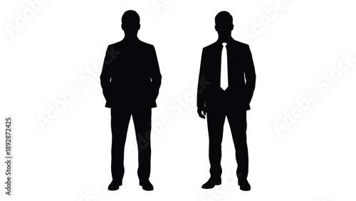 Two silhouetted figures of men in suits standing side by side against a white background
