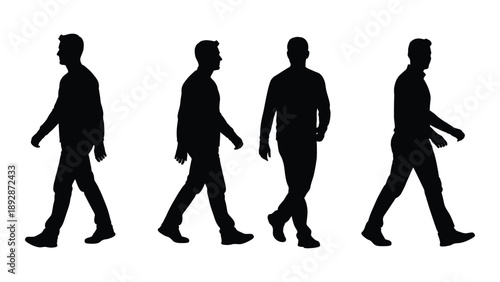 Four silhouetted figures of men walking in a row depicting motion and progression