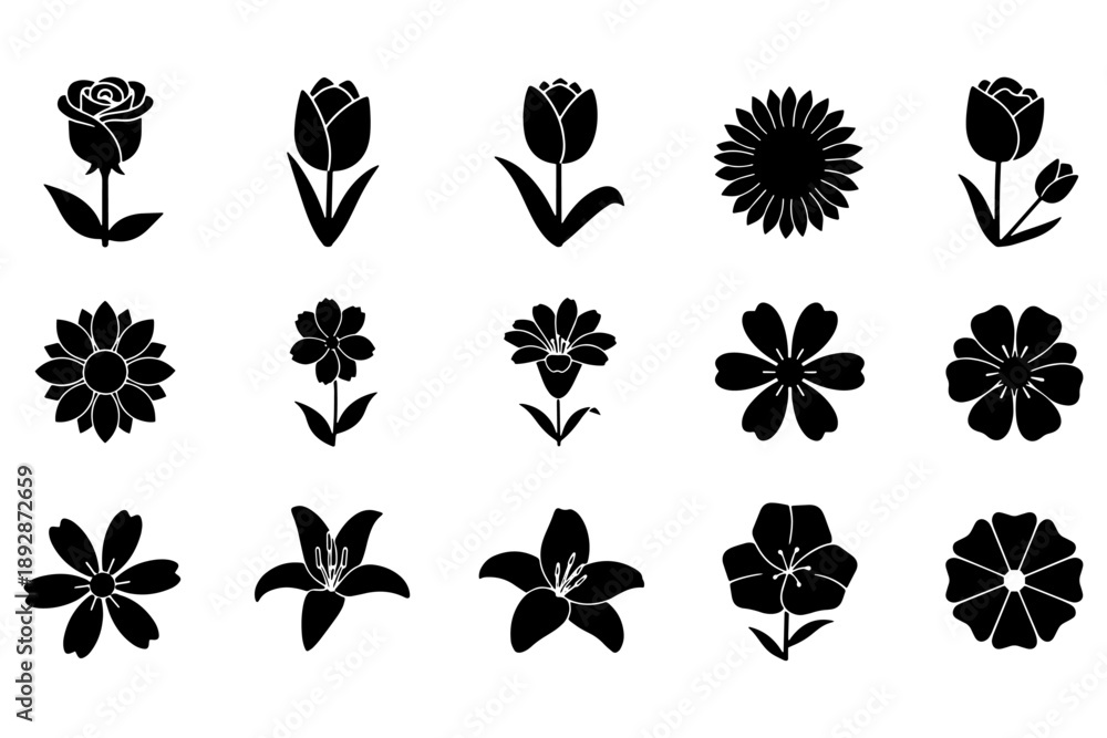 Obraz premium Flowers Silhouette Vector Icon Sheet Isolated on White Background