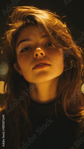 Artistic portrait of a young woman illuminated by warm golden light at night, with a soft background and calm expression