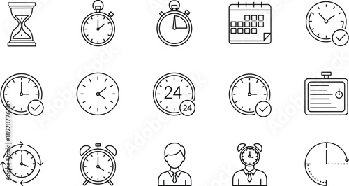 Time Management Line Icons Set Featuring Clocks, Stopwatch, Calendar, Deadline Tracking, Scheduling, Productivity, Work Planning and Efficiency Concepts for Business, Apps and Web Design