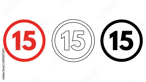 Three different styled icons displaying the number fifteen in circles