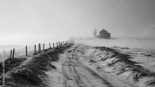 Snow-covered rural road with bare trees and fence lines disappearing into dense fog during a cold winter day in a quiet countryside setting