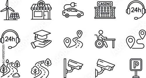 Urban services and smart city line icons set featuring transport, energy, parking, security, navigation, accessibility, retail, and community infrastructure symbols for web app UI design