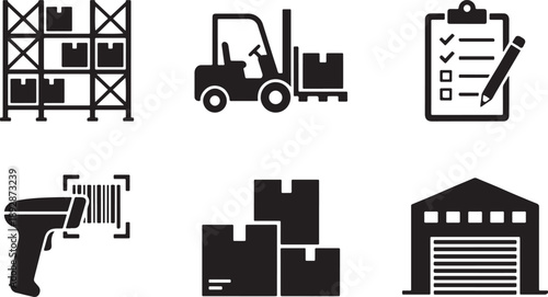 Black and white icons representing warehouse logistics and inventory management Vector