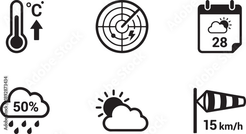 A set of weather icons displaying forecasts for temperature, wind, precipitation, and general conditions Vector