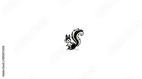 Cute black and white cartoon squirrel illustration with striped bushy tail on a clean white background, stylized animal character.