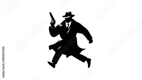 Silhouette of mysterious man in trench coat and fedora running with pistol, evoking noir detective spy thriller action.