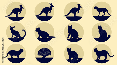 Minimalist vector animal silhouettes collection featuring kangaroos, marsupials, and domestic cats on a light background.