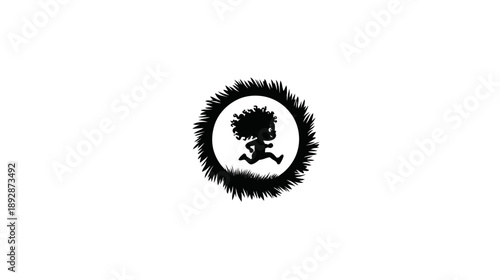Stylized black and white illustration of a whimsical wild character running inside a textured circular frame, energetic graphic.