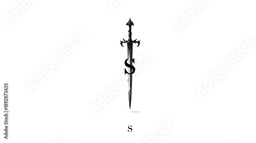 Ornate fantasy sword illustration with an integrated capital letter S, sharp blade and hilt, graphic design element