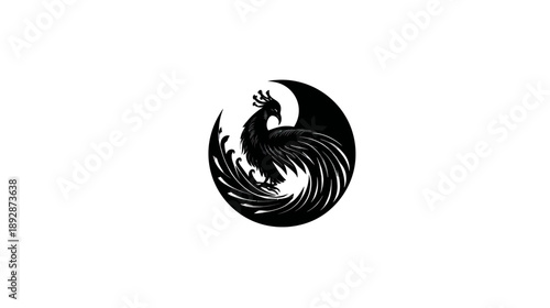Elegant black and white phoenix vector icon in a circular design. Mythical bird symbol of rebirth, strength, and eternity.