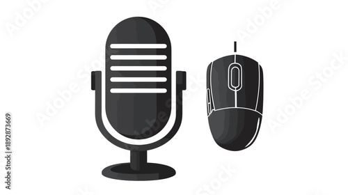 Retro style microphone and computer mouse icon set. Black silhouette vector illustration of audio recording and digital input device.
