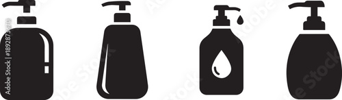 Black silhouette icon of a hand receiving liquid soap or sanitizer from a pump dispenser for hygiene and cleanliness purposes