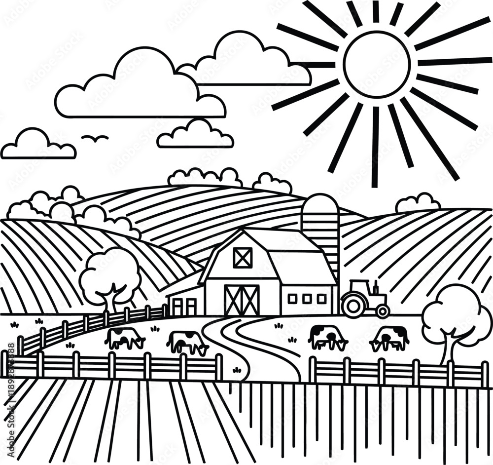 Fototapeta premium farm landscape with barn, tractor and cows