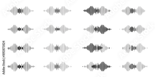 An arrangement of various grayscale waveform visualizations on a white background