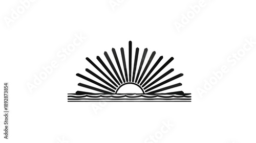 Stylized black and white sunrise icon over wavy horizon. Minimalist graphic symbol of new day, dawn, or hope above water waves.