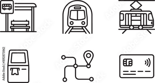 A set of public transportation and urban travel icons including bus, train, tram, and payment options. Vector