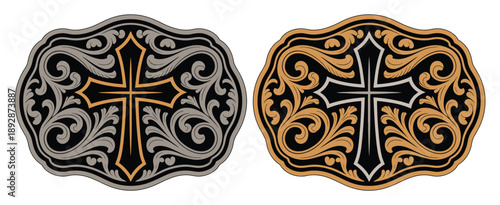 Cross Badge Vector Illustration, stylized Western rodeo cowboy belt buckle design with floral frame, star, and wild west decorative elements.
