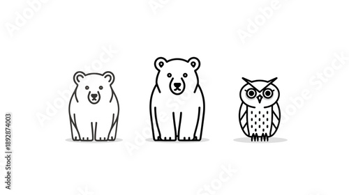 Set of three minimalist animal line art icons: a bear cub, an adult bear, and an owl. Simple vector illustrations on white background.