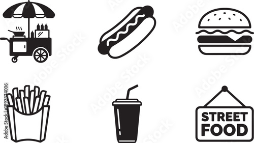 A collection of street food icons featuring a hot dog cart, burger, fries, and soda Vector