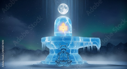 Maha shivratri shiva icy shivling under full moon in frozen himalayan night symbolizing hindu devotion spirituality meditation faith divine calm and eternal power
