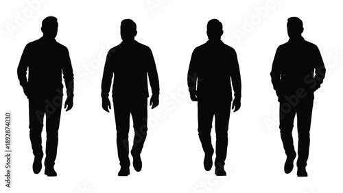 Four silhouetted figures of men walking forward in a linear arrangement